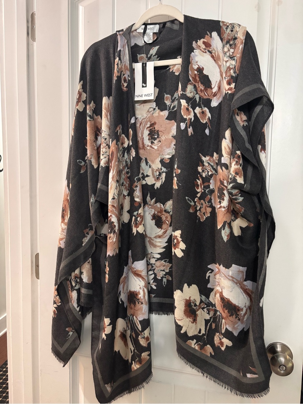 Nine West Black Floral Open-Front Cape with Blush and Cream Blooms